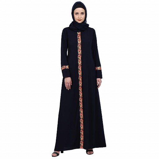 Elegant front open abaya with embroidery work- Navy Blue